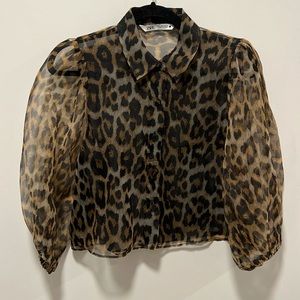 Zara Leopard Sheer Button Down with Puffed Sleeves, Size Small